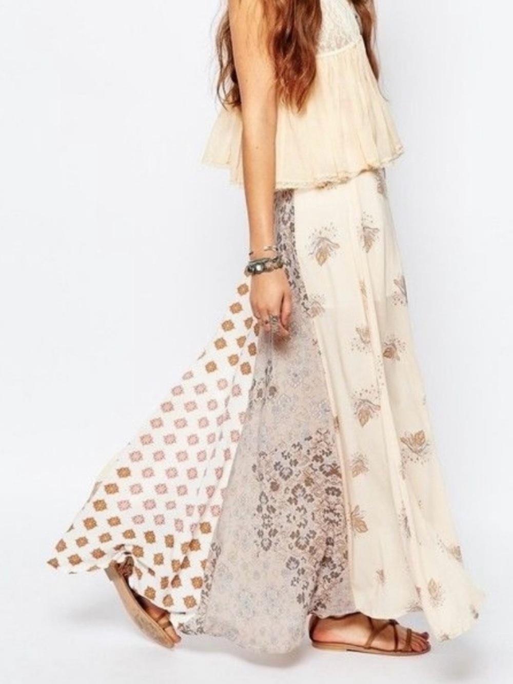 Free People Amazing Technicolor Patchwork Maxi Skirt Tea Combo
